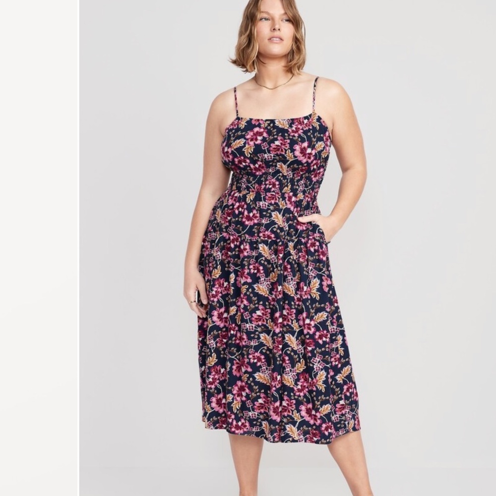 Old Navy Waist-Defined Floral Linen-Blend Smocked Midi Cami Dress